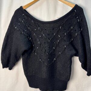 Vintage Beldoch Popper Beaded Sweater Black Embellished Short Sleeve Glam Knit S